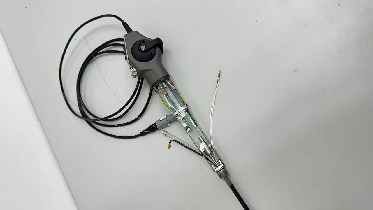 Endoscópio flexível em processo de reparo técnico, com chicote e cabos internos expostos para manutenção de deflexão, imagem e vedação